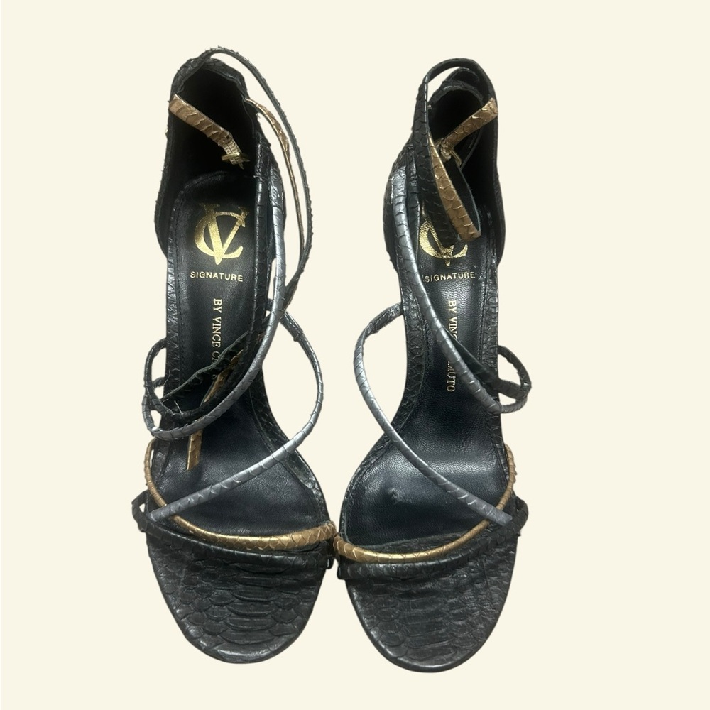 Vince Camunto Black and Tan Strappy Heels